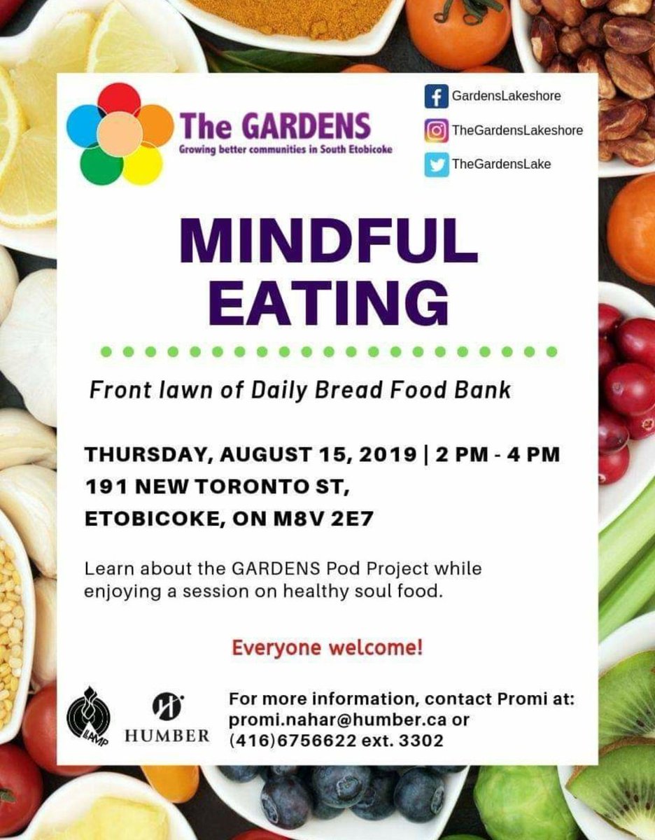 TheGardensLake's tweet photo. Come to our free workshop on acknowledging and managing your emotional and physical sensations to reach a full state of awareness when eating! Location is at the front lawn of Daily Bread Food Bank on Thursday, August 15 from 2 PM - 4 PM https://t.co/GympFl8Iy8