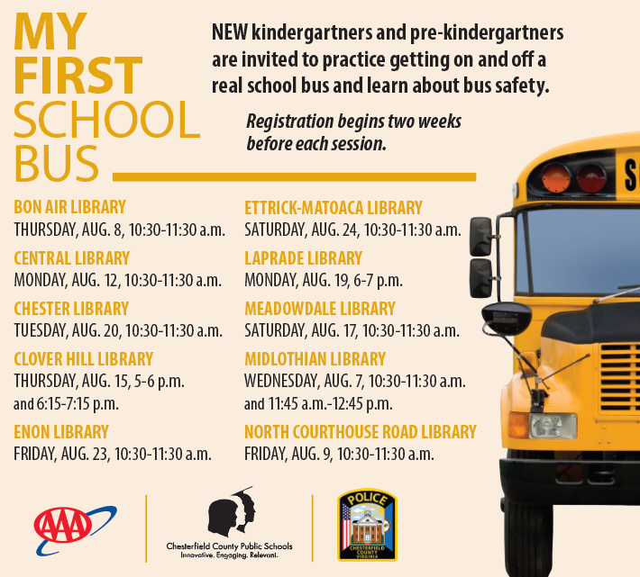 Chesterfield Schools on X: "The first day of school is about a month away.  If your little one hasn't had the chance to practice getting on and off a  real school bus