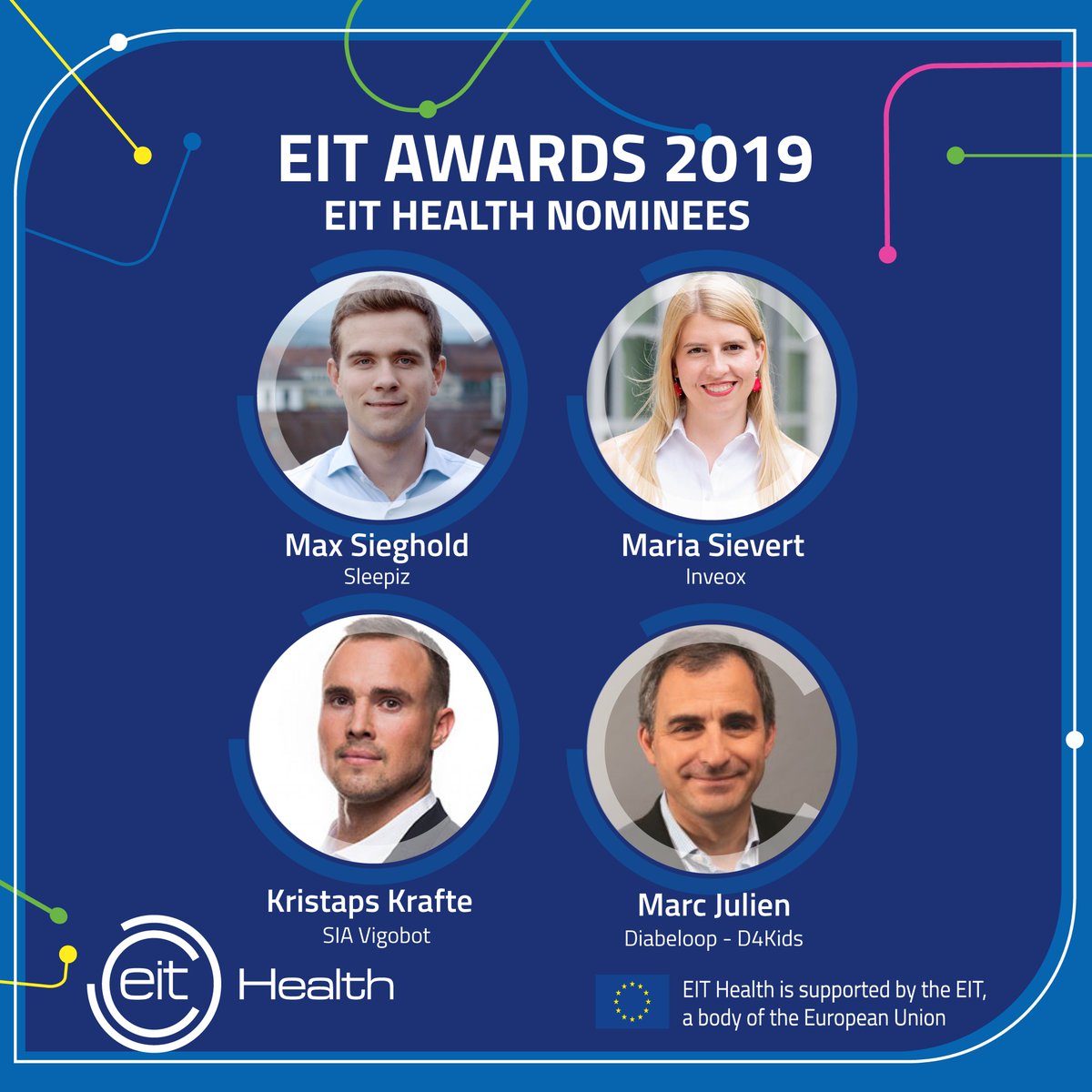 The #EITAwards, is the annual benchmark for #innovation, recognising the innovative ventures, entrepreneurs, teams and women in the #EITCommunity.

We would like to congratulate our four nominees: <a href="/KrafteKristaps/">Kristaps Krafte</a>
Marc Julien
Maria Sievert
Max Sieghold

bit.ly/314AfCC