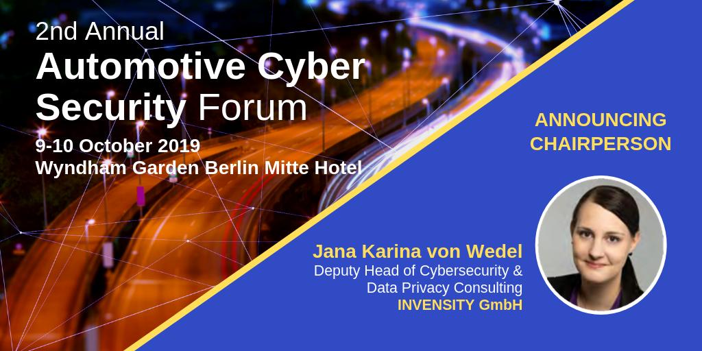 BisGrpCom's tweet photo. We are excited to announce Jana Karina von Wedel, @INVENSITY GmbH, chairing the 2nd Annual Automotive Cyber Security Forum.
Listen to her during the Panel discussion and two World Café Sessions.
Learn more: https://t.co/pT983gB03h
#BISauto #BISacs #AutomotiveCybersecurity https://t.co/iwXFF3wr6G