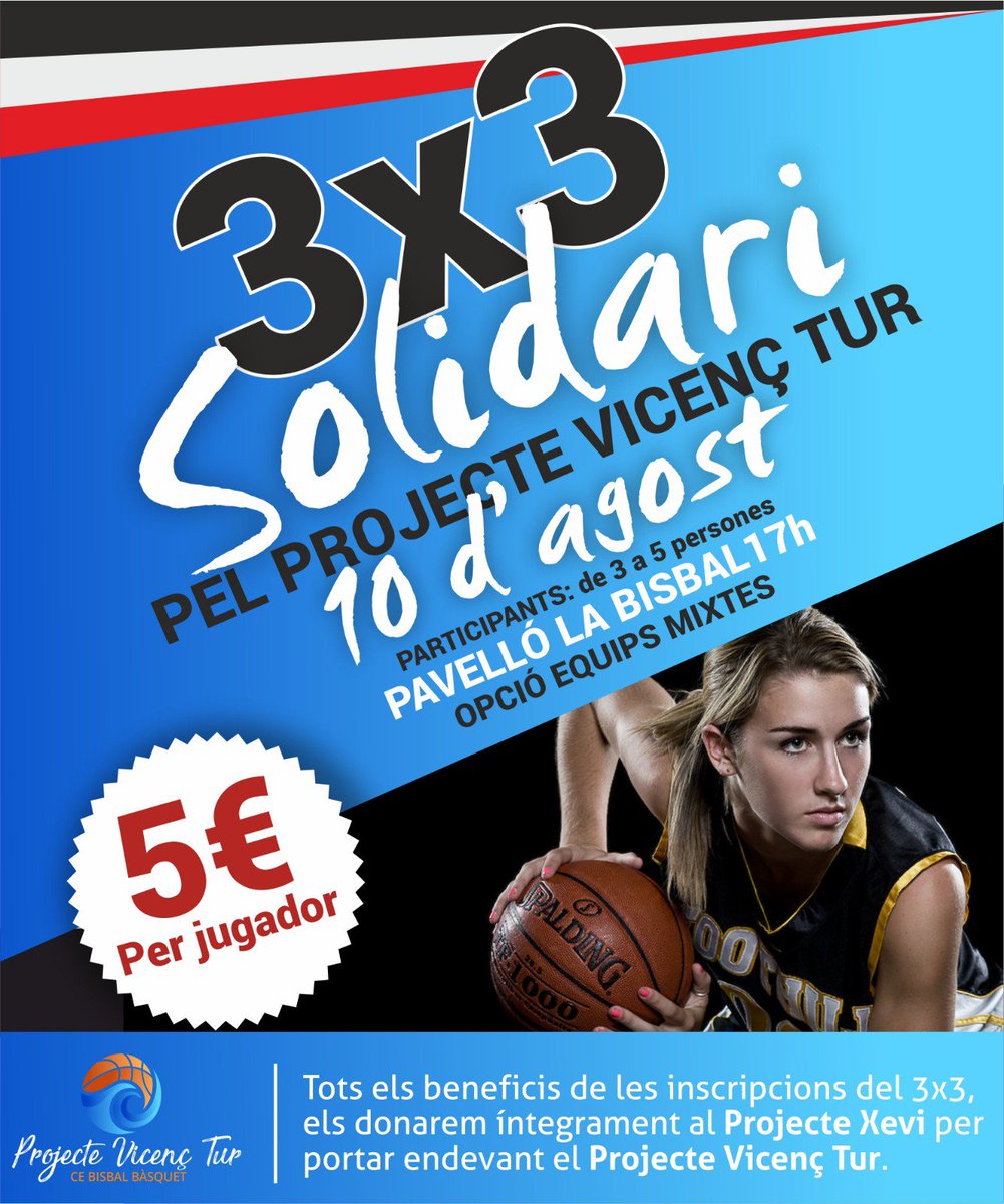 bisbalbasquet's tweet photo. Tens mono de bàsquet???
Doncs vine el DISSABTE, 10 D'AGOST, al #3x3Solidari del @bisbalbasquet per seguir, de la mà de #ProjecteXevi amb el #ProjecteVicensTur de construcció d'una pista de bàsquet al Senegal.
5€ per jugador
inscripcions 👇👇👇👇👇
https://t.co/gd2BfEbWhW
#3x3 https://t.co/OZY5HEcBwZ