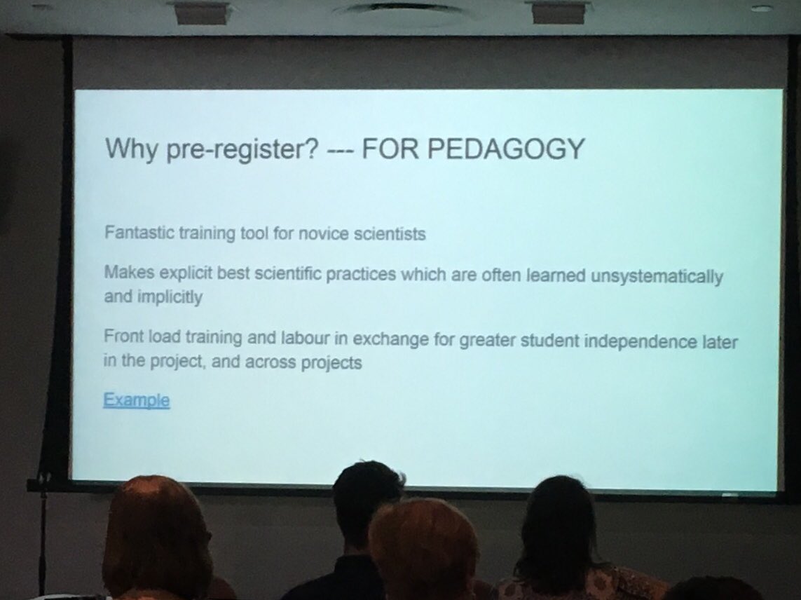 saralynbeck's tweet photo. Dominique Vuvan making a compelling case for pre-registering experiments, not just for research accountability, but also as a teaching tool for students and mentees. #openscience #pedagody #undergraduateteaching #toolsforteaching #musicscience @DoctaDom @smpc2019 https://t.co/RWSoNPxI8a