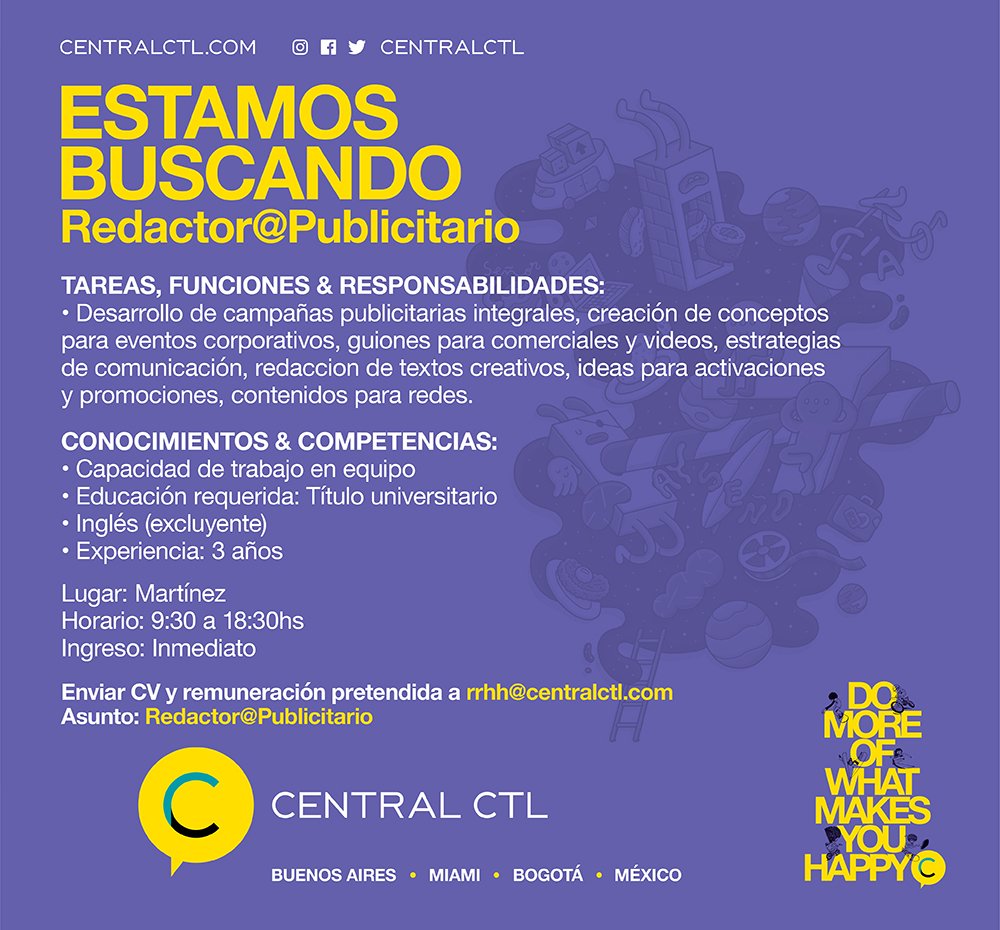 centralctl's tweet photo. ¿Te gustaría poner a punto tu talento creativo pensando para una agencia 360º real?

Entonces mandanos tu CV, portfolio o carpeta, porque si sabés de tendencias,sos proactivo y manejás de taco las RRSS, podés tener un lugar en CENTRAL CTL!

#BusquedaLaboral #Redactor #Creativo https://t.co/aP5TYOzhBQ