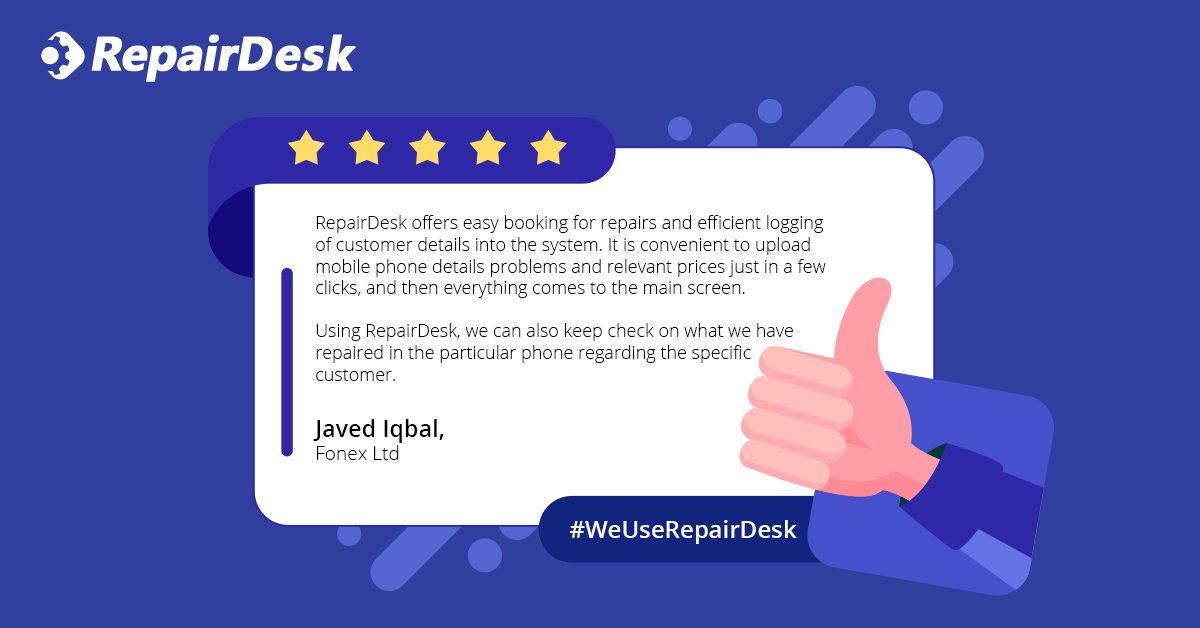 repairdeskpos's tweet photo. Thank you so much for your generous review, Javed! π
We're very happy to have you as our customer, and hope to continue an excellent business relationship with you in the future.
#WeUseRepairDesk https://t.co/SY1pwCdl0C
