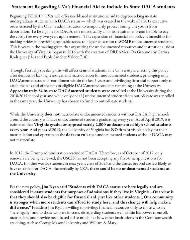 undocUVA's tweet photo. While we do believe the new policy for institutional aid will provide tremendous relief to a great few, the University and President Ryan should think beyond a cost-effective solution to providing resources for undocumented students. https://t.co/GrBjMafbrG