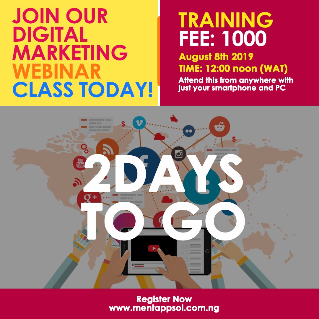 MenTapps's tweet photo. 2Days to go
....
....
....
Don’t miss the opportunity to get hands-on skill on digital marketing. Even at the comfort of your home.
Register here 
https://t.co/ZlnkZoovGU
Training fee: 1000 Naira only
Live broadcast. https://t.co/Hs7Y5gkNP7