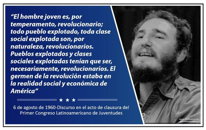 CubaMINREX's tweet photo. Un día como #hoy de 1960, nuestro Comandante en Jefe #FidelCastro intervino en el acto de clausura en el Primer Congreso Latinoamericano de Juventudes. Allí recordó la importancia de contar con una juventud revolucionaria y latinoamericanista | Vía @MirtaGranda #SomosContinuidad https://t.co/iAOXtTluGE