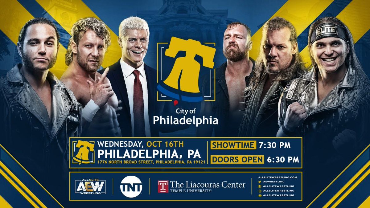 LiacourasCenter's tweet photo. All Elite Wrestling will be coming to Philadelphia on October 16th! Ticket pricing and event on-sale date/time to be announced on all AEW social media platforms this Friday, August 9 at Noon Eastern/9am Pacific. #AEWPhilly #AreYouElite https://t.co/jG7WqnWKAX