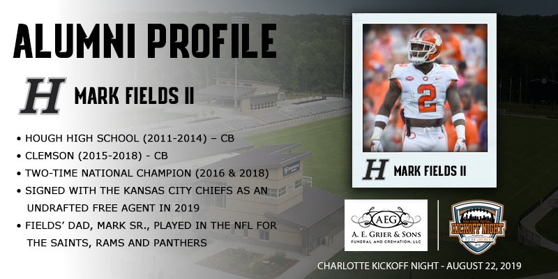 You know @cltkickoffnight is close when we highlight the A.E. Grier &amp; Sons Alumni Profile. Today we recognize a Hough great, 2 time national champion, &amp; current member of the Kansas City Chiefs. Ya'll show some love for Mark Fields II. #celebratelife #2019CLTKickoffNight