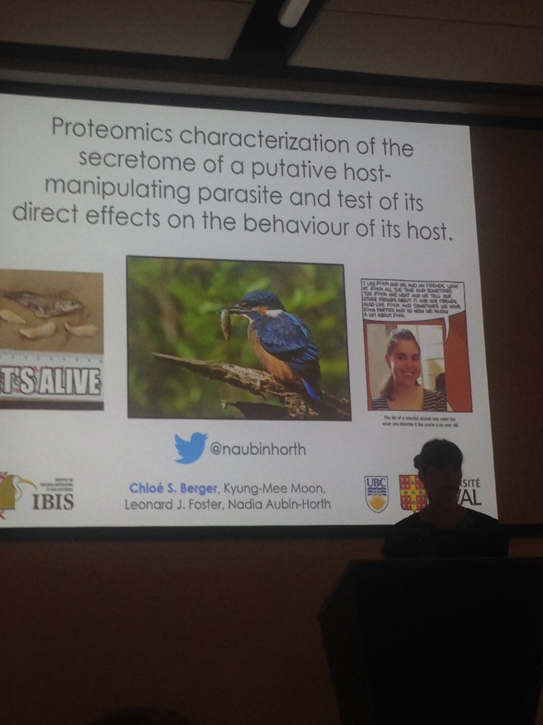 And now it's @naubinhorth's turn to present the work of her PhD student Chloe Berger at <a href="/ICCPB2019/">ICCPB</a>. More manipulative parasites and fish!  #ICCPB2019 #WomenInSTEM #fishsci <a href="/ibis_laval/">IBIS-ULAVAL</a>