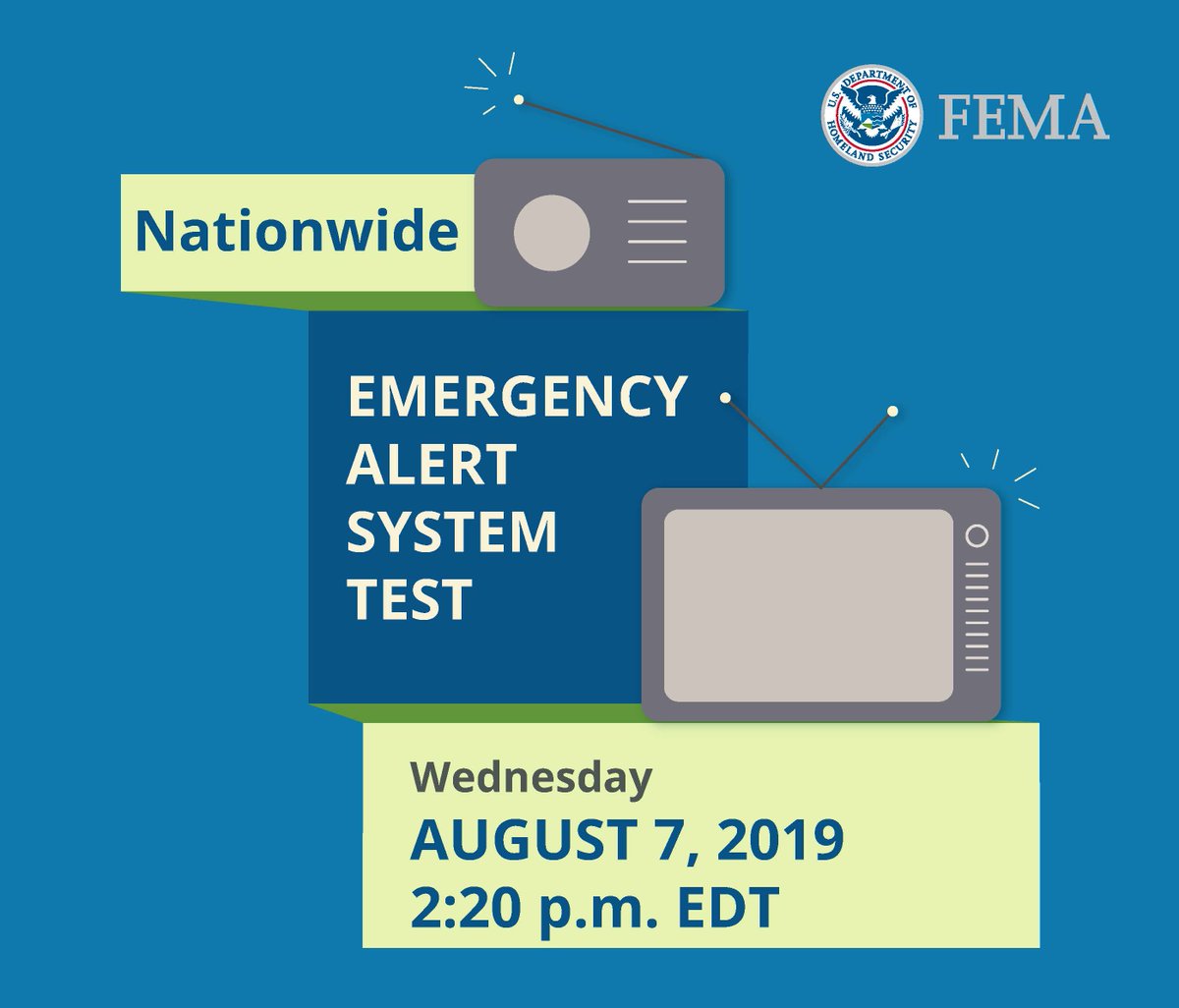 fema's tweet photo. Tomorrow, Wed. 8/7 at 2:20 p.m EDT we will conduct a nationwide test of the Emergency Alert System in coordination with @FCC.

📵 Alerts will occur on TVs &amp; radios, not phones!

🚨 This test ensures lifesaving info can be sent quickly by local officials

https://t.co/Op8T9AEpiF https://t.co/PomyPrneyS