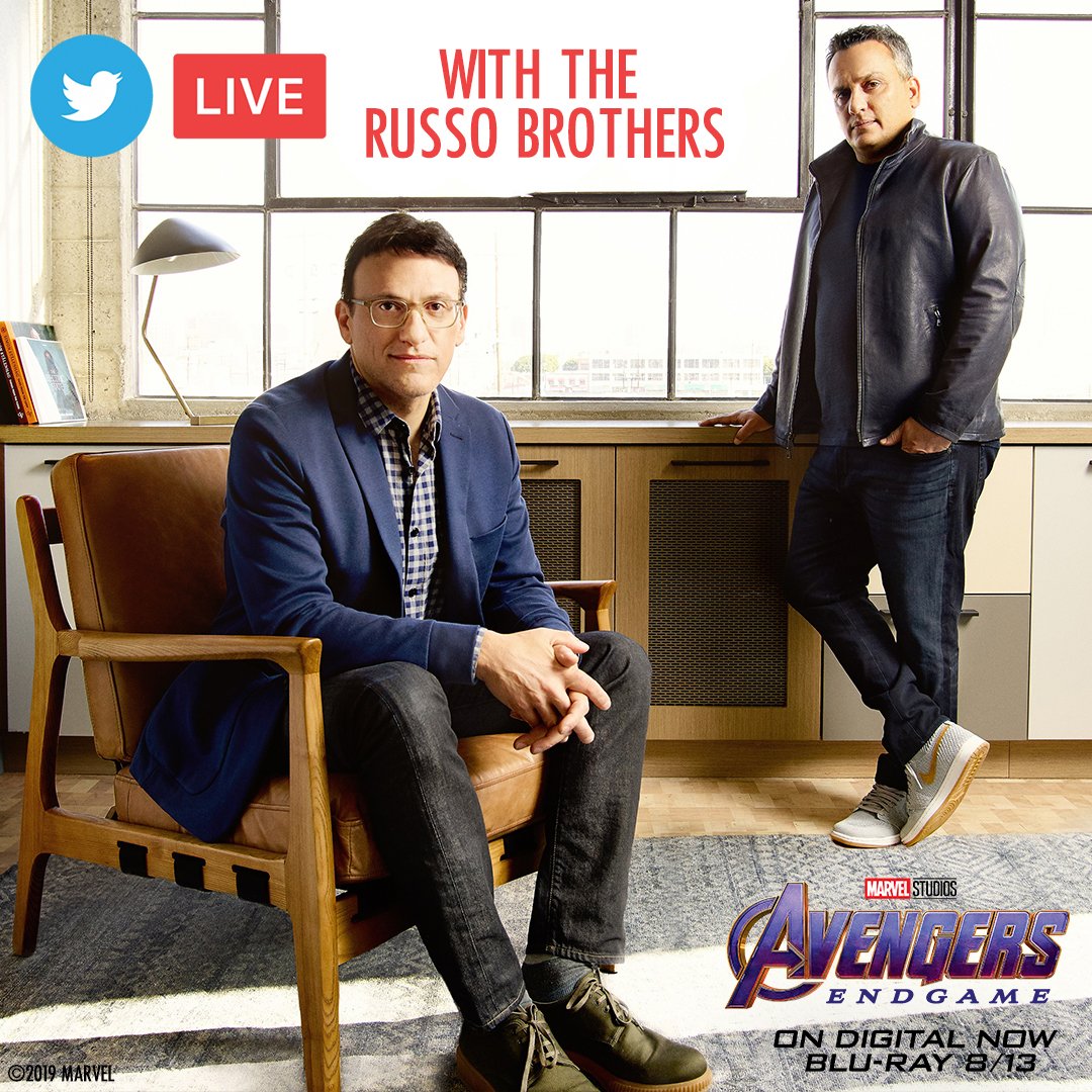 MarvelStudios's tweet photo. Join the Russo Brothers, directors of Marvel Studios’ Avengers: Endgame, for a Twitter Live this Thursday!  Tweet your questions NOW using #AvengersEndgame #WeLoveYou3000 and tune in live on Thursday afternoon right here on Twitter. https://t.co/m1ZmvQu5lG