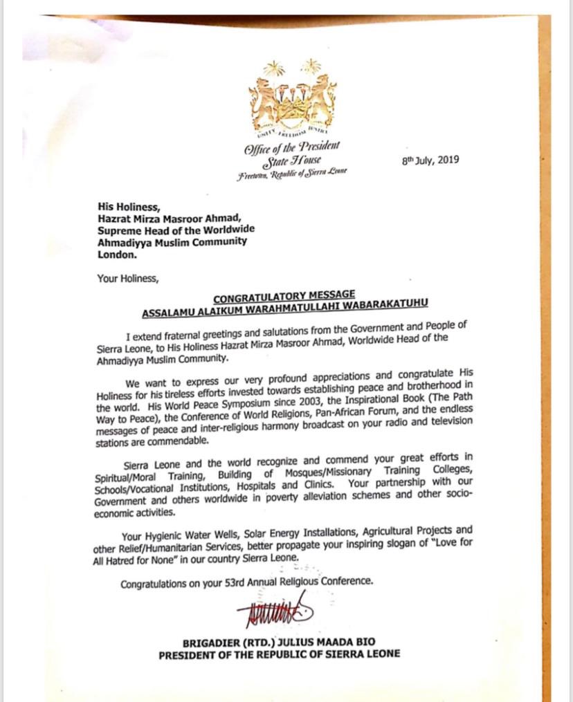 PAAMA_UK's tweet photo. We are grateful to have received a congratulatory message from His Excellency @PresidentBio for #JalsaUK mentioning the contributions of #PAAMA_UK, @IAAAE_org and @humanityfirstuk in
#SierraLeone🇸🇱 under the auspices of His Holiness, Hazrat Mirza Masroor Ahmad. https://t.co/ydE0WH4TAi