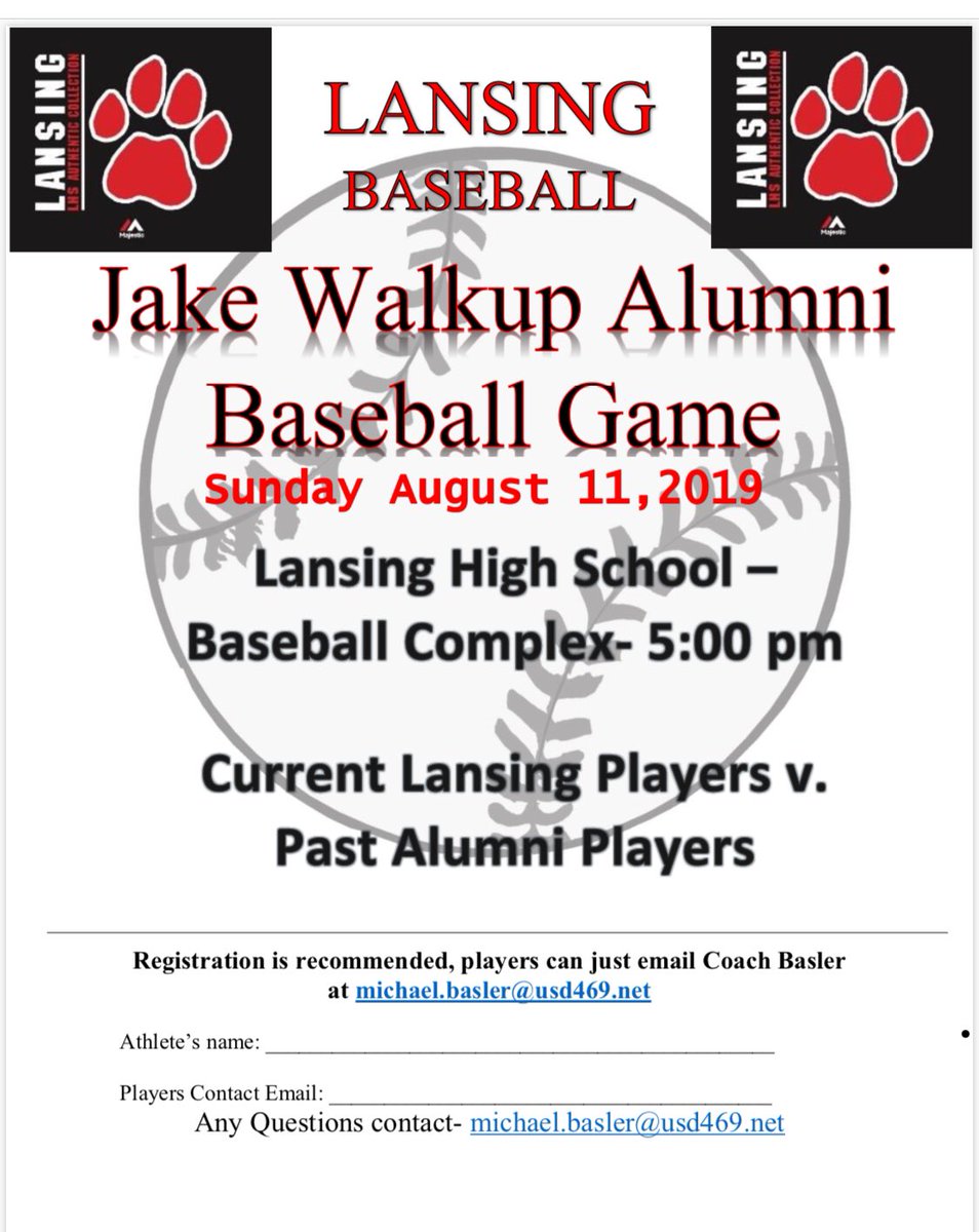 MBazketball's tweet photo. 12th Annual-Jake Walkup/Alumni Game will be played Sunday August 11th at 5:00pm Lansing High School Baseball Complex. We are selling 50 of these commemorative tee-shirts for $20 each, silent Auction items, &amp; bake sale all to support Jake Walkup Scholarship Fund. 🐾🦁⚾️🐾 #DMGB https://t.co/F1af44EPIq