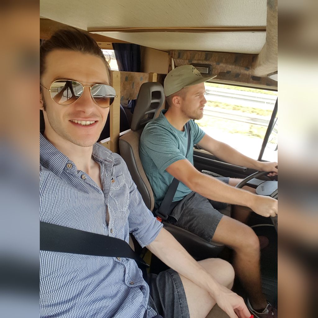 Cruisin' along in the tour van... Such a smooth ride*... despite its extremely mechanical and old school ways. Hampus is the Captain at this moment and Andy is the co-pilot. It served us faithfully and didnt let us down.

*Steering at low speeds is a test of strength