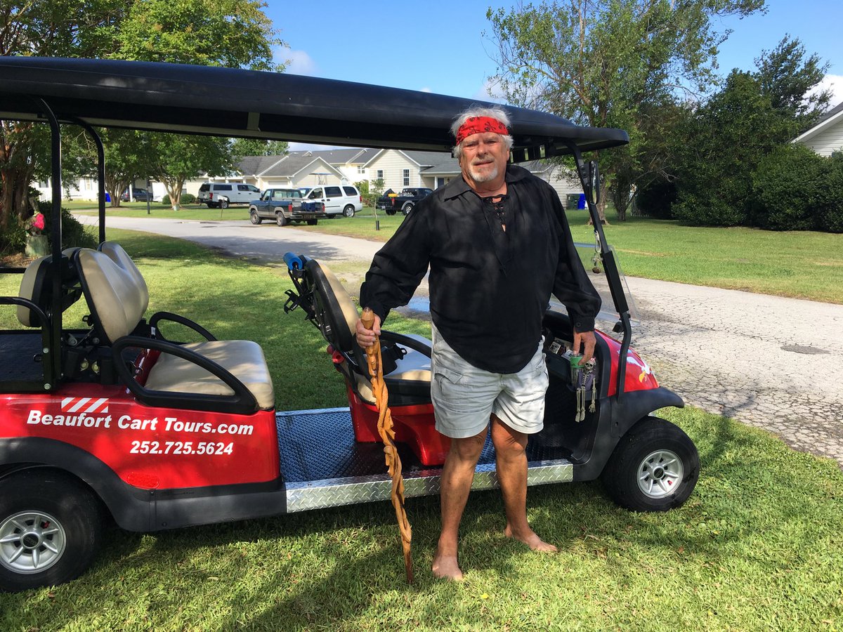 atlanticbeachnc's tweet photo. It’s Pirate Invasion  https://t.co/fmem436vh6 Beaufort. The Hop On Hop Off Cart has its own Pirate !  call 252-732-0396 get a ride from Beaufort parking spots, Inns and Hotels to all the events. Arraagh !!!! https://t.co/VloCQagQ0U