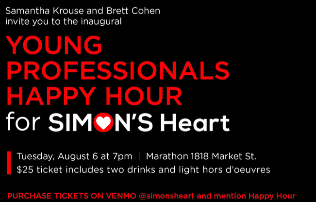 simonsheartorg's tweet photo. Join us for a Young Professional Happy Hour in #Philly, tonight. Thank you @JasonMatthew215, KikiVodka, Clarke & Cohen, and Marathon Grill for protecting hearts with us. #SimonsHeart https://t.co/elnXoluw6k