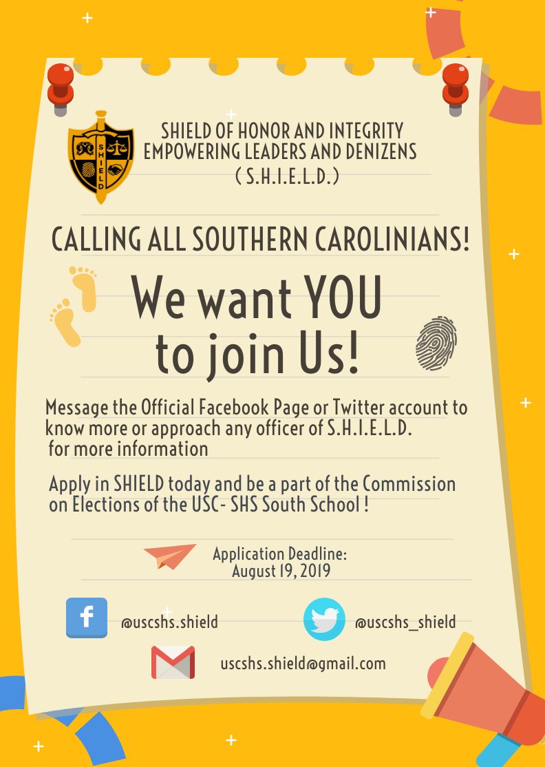 uscshs_shield's tweet photo. South School Carolinians!📢

SHIELD is recruiting members!

Be the INTEGRITY CRUSADER the nation needs today. Hold the shield and wield the sword that defends integrity from those who would stain it. Be the student the school needs today. Be the youth that builds tomorrow! https://t.co/VeUBQ6CXtb