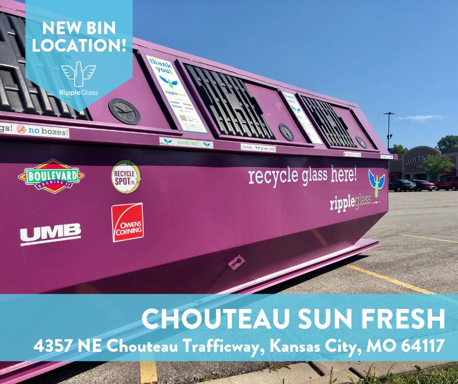rippleglass's tweet photo. NEW GLASS RECYCLING LOCATION: Northlanders - this one is for you! You can now drop all your glass bottles and jars into the purple bin at the Chouteau @mysunfresh, just off I-35 and Chouteau Trafficway. #RecycleGlass #RippleGlass #KCNorthland #KCNorth https://t.co/aCPvz0ymvQ https://t.co/lc4YPAhKIo
