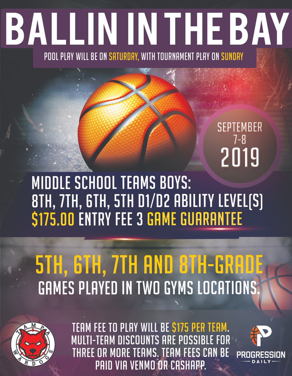 Happy to announce our first tournament in Tampa - in partnership with Progression Daily Player Development - open to 5th, 6th, 7th, and 8th-grade boys. 3-game guarantee and trophies for first and second place. High School rules. Stop Clock. Quality officials, Come play with us.