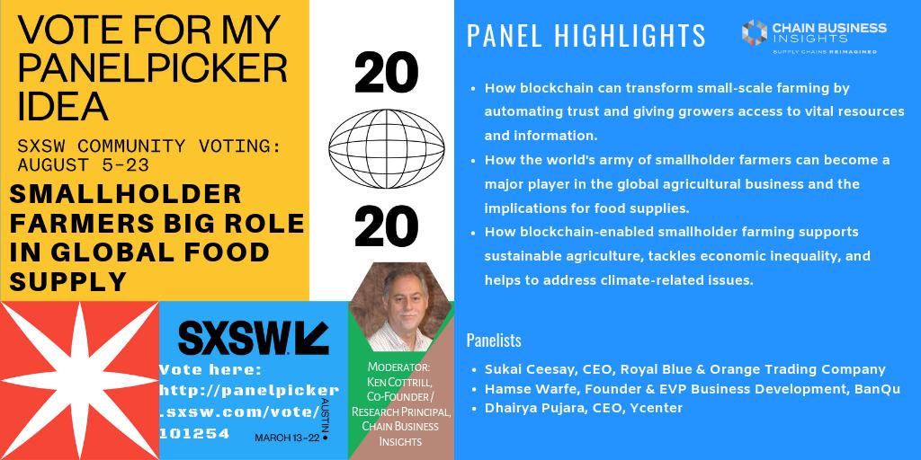 InsightsChain's tweet photo. Help #vote our #SXSW2020 Panel 'Smallholder Farmers Big Role In Global Food Supply' by becoming a #SXSWPanelPicker.🌱🌐
✅🗳️▶️:https://t.co/aUdU4bftBH

#sustainabilitygoals #blockchain #supplychaintech #austinblockchain #foodsupplychain #agtech #smallholderfarmers #futureoffood https://t.co/PuDVXVJ30T