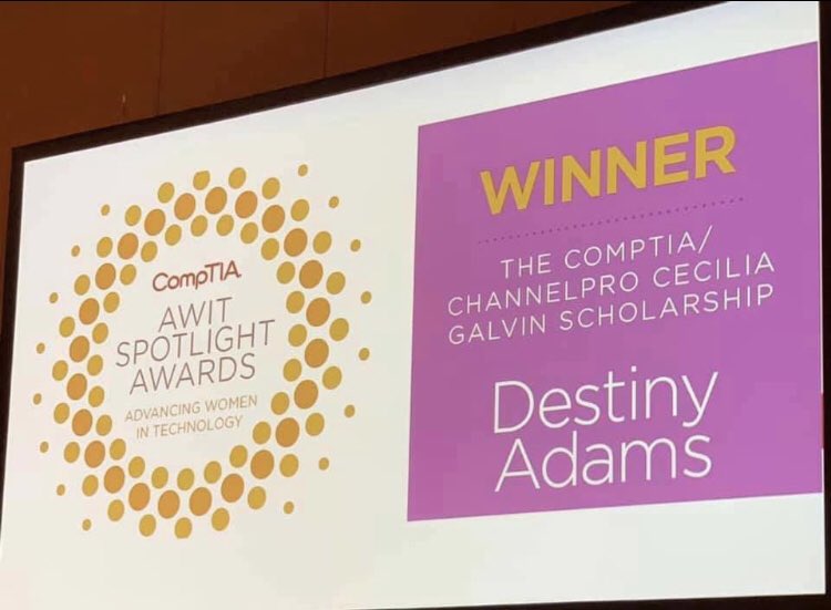 DestinyAdamsIn1's tweet photo. This has by far been one of the best experiences of my entire professional journey. The joy of receiving this award signifies the importance of staying committed to your goals. I proudly represent every girl with a dream. @CompTIA @CompTIAAdvocacy https://t.co/rIMVWkpZPv