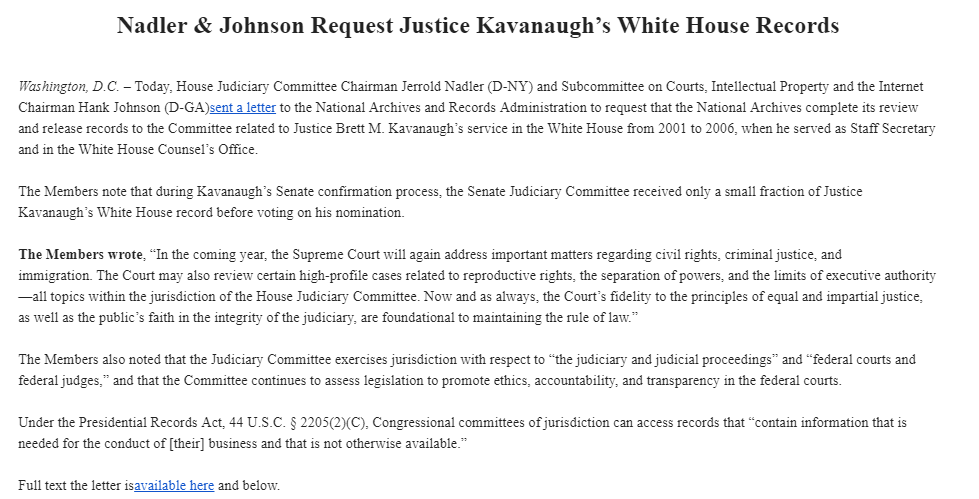 Breaking: <a href="/HouseJudiciary/">House Judiciary Dems</a> requested documents from National Archives to investigate Kavanaugh and what information McConnell may have suppressed during confirmation hearings. @naral has worked hard on this with so many abortion rights cases on the line in front of this Court.