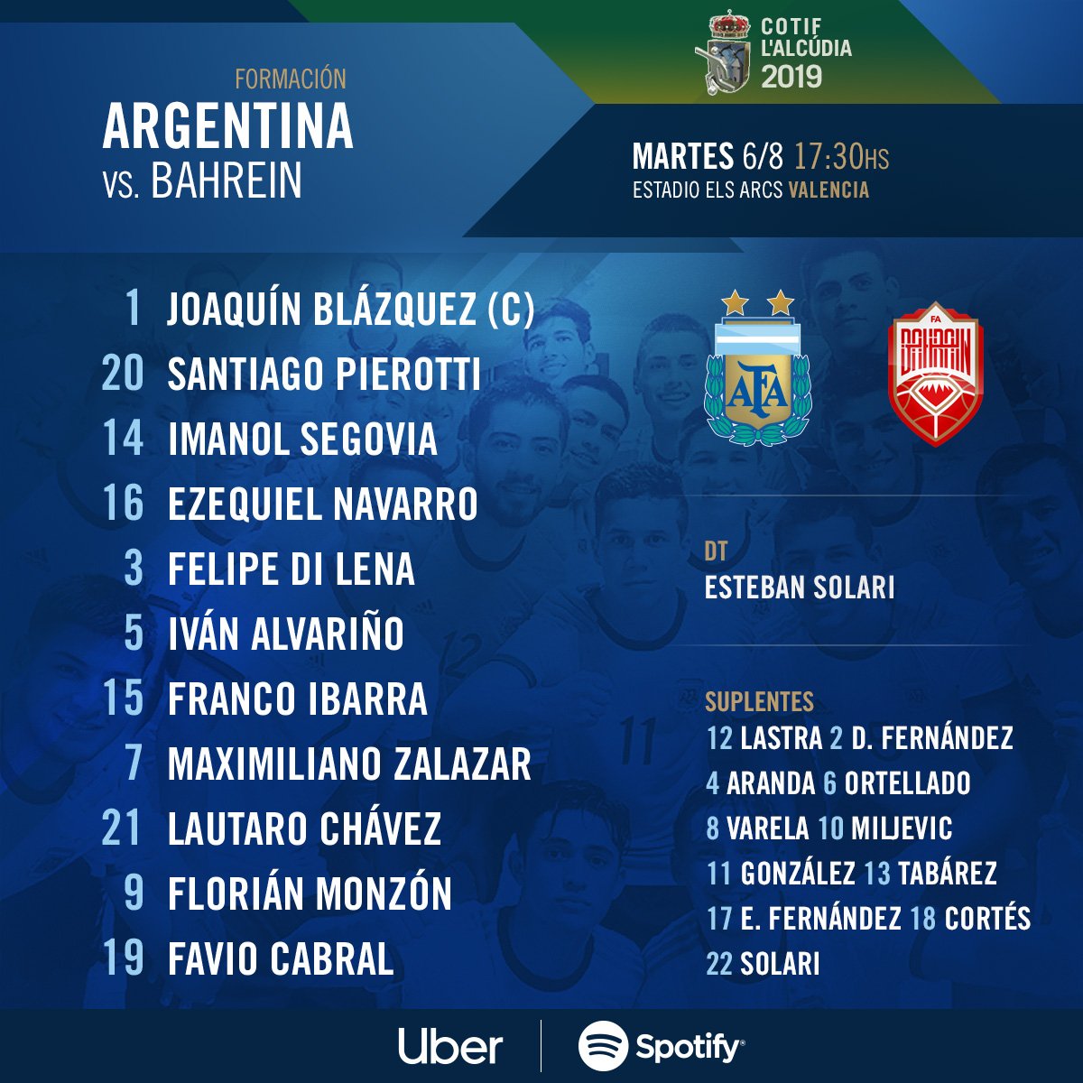 #Sub18 🏆 <a href="/Cotif/">COTIF</a> L'Alcúdia

¡Formación confirmada para enfrentar a Bahrein! 👇

Desde las 17.30 (22.30 de España), a dejar todo en el Estadio Els Arcs 💪

📱🖥 Seguilo en nuestras redes sociales 

#VamosLosPibes 🇦🇷