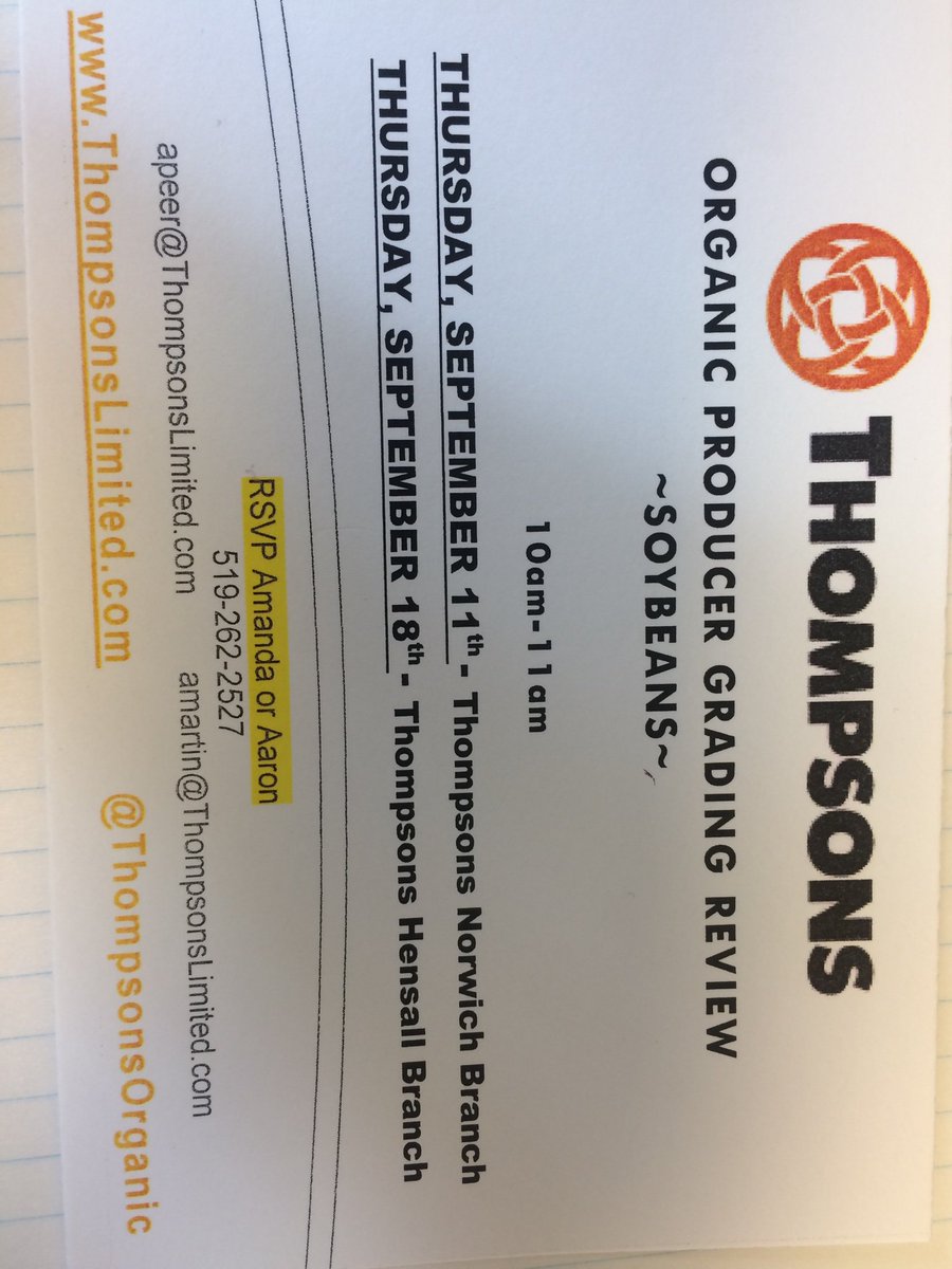 Wanting to learn more on grading your <a href="/ThompsonOrganic/">Thompson Organic Vineyards</a> Soybeans for this Fall? RSVP with <a href="/HensallBranch/">Thompsons Hensall</a> for either session. <a href="/NorwichBranch/">Thompsons Norwich</a> <a href="/ThompsonsGrain/">The Andersons Canada</a> <a href="/MitchellBranch/">Thompsons Mitchell</a> <a href="/PortAlbertBrnch/">Thompsons PortAlbert</a> <a href="/GrantonBranch/">Granton</a>