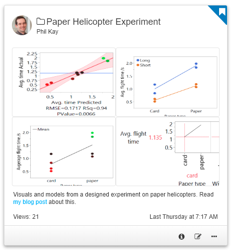 JMP_Public's tweet photo. Check out these visualizations about the #JMP Paper Helicopter #Experiment and then read the blog post (and then try it yourself!): https://t.co/ba5qlUF3KT #DOE #designofexperiments #JMPhelicopter https://t.co/Li5wNzH8bA