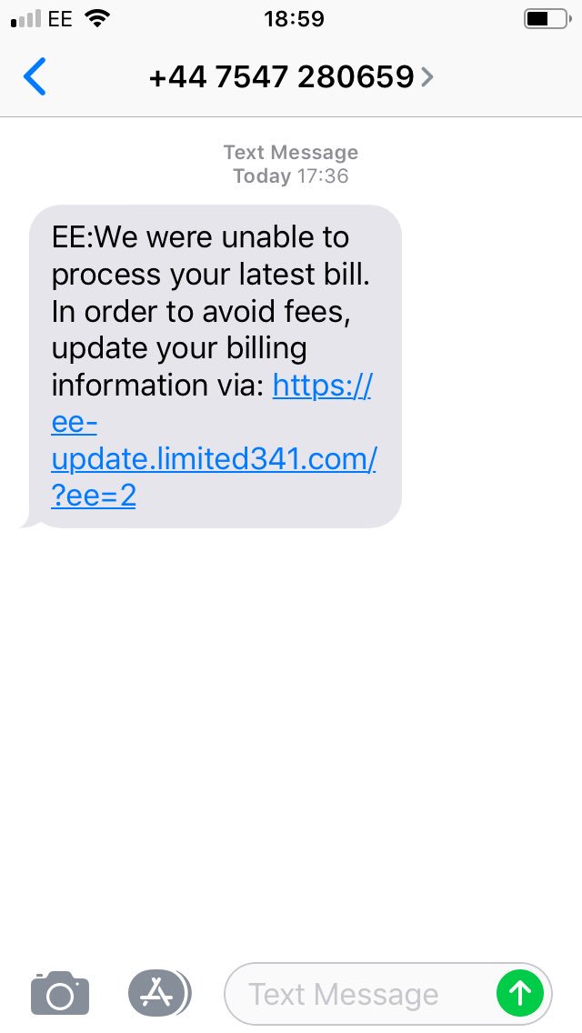 Tigseymate's tweet photo. @EE just received this text. Presuming not you as let me log on with wrong password (and my bill has just been paid). Is this a scam?? https://t.co/ApkIdyDf4R