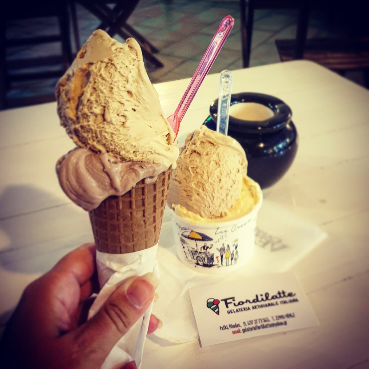 Back again!🍦
Our third visit in five days 🙈
Salted caramel and apple pie for him, salted caramel and chocolate for me... #gelato #gelateria #pefkos #rhodes #greece #baristalife