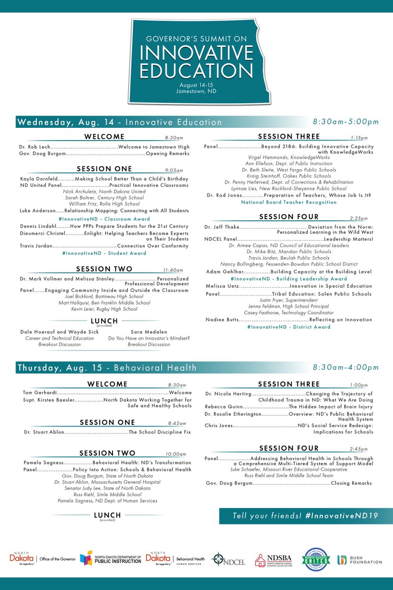 RT @dougburgum: The agenda for next week's Summit on Innovative Education is now live! Check out our lineup of experts in education and behavioral health and register for your ticket today: eventbrite.com/e/2019-governo…