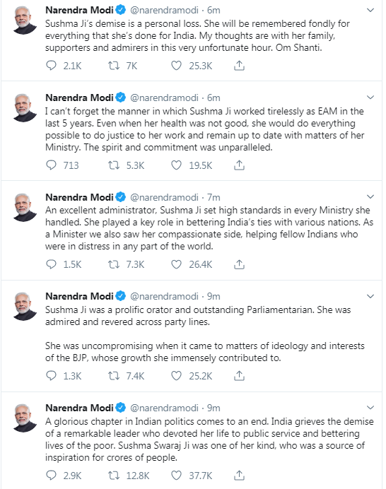 PeoplesGovIN's tweet photo. PM @narendramodi condoles #SushmaSwaraj's demise!
#RIPSushmaJi #RestInPeace RIP Madam https://t.co/Sd0QtDYqVH