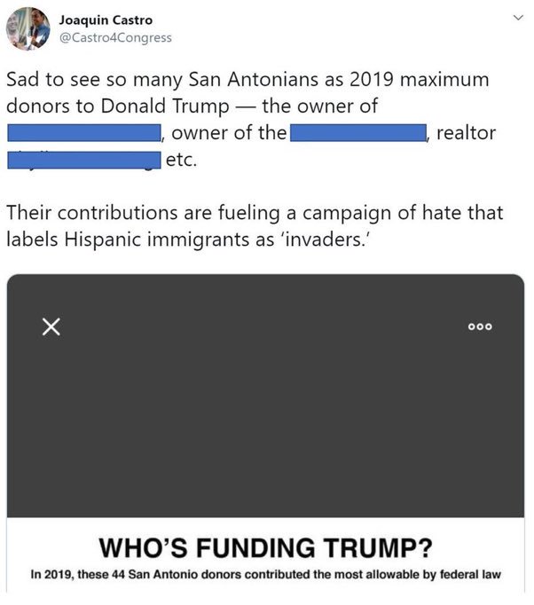 Democrat Rep. Joaquin Castro tweeted personal information of constituents who donated to Trump