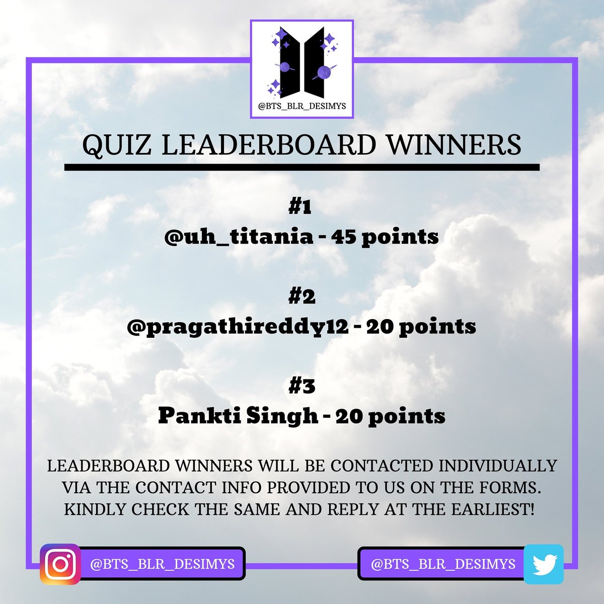 bts_blr_desimys's tweet photo. Congrats to our lucky winners who'll win awesome BTS freebies! All winners will be contacted individually!
@pvrcinemasofficial @bookmyshowin
@bts_bighit
#BehindTheScene #BringTheSoul
#BeyondTheScene #BTS #BTSFanbase #BTSIndia #BringTheSoulTheMovie #BTSBengaluruDesimys https://t.co/l6EFNs9oZn
