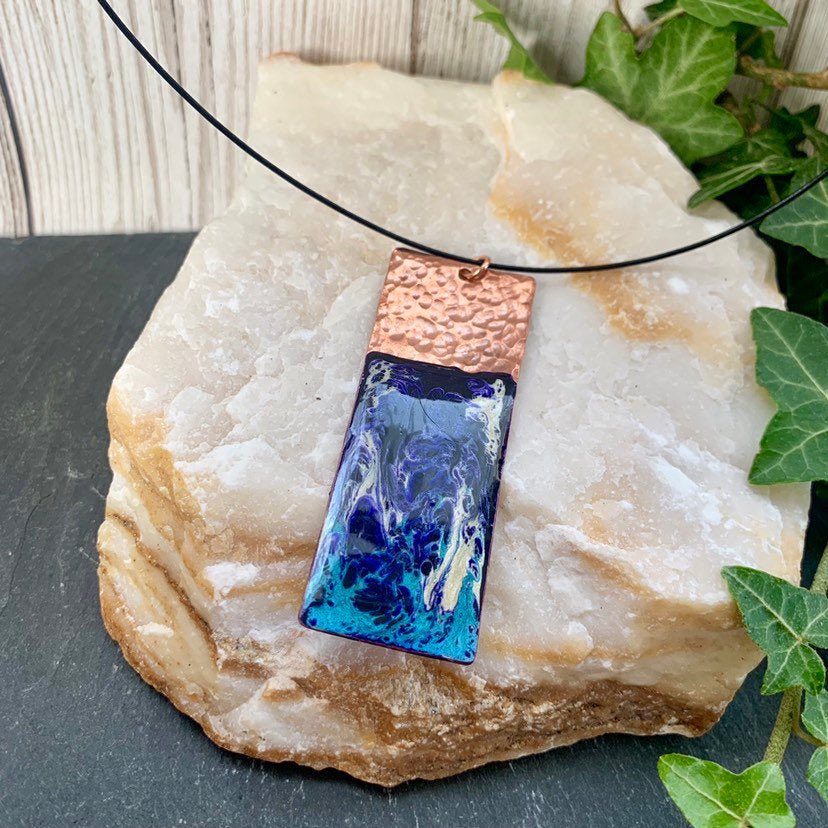 Check out this vibrant blue and copper necklace now available on Etsy.  #jewellery #necklace #recycledcopper #turquoisenecklace #copperpendant #coppernecklace #statementjewellery etsy.me/2YNkfTV