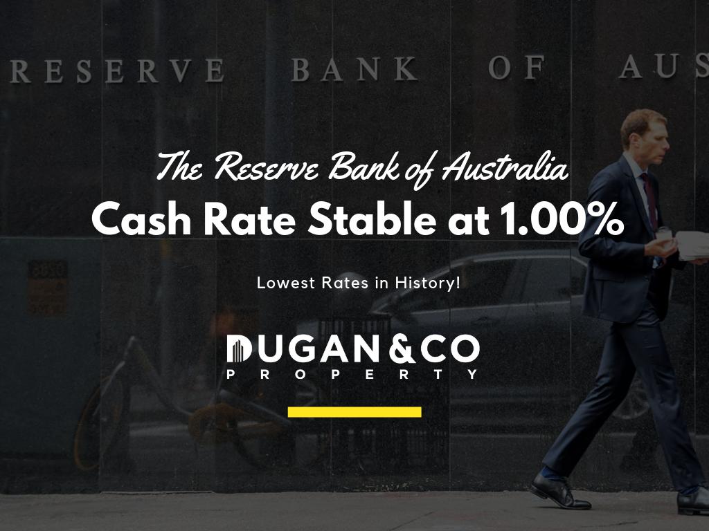 Duganandco's tweet photo. BREAKING: The Reserve Bank of Australia has kept rates stable at the record low of 1%. With rates being at their lowest in history, there has never been a more ideal time to get into the property market. #duganandco #australiatradecoast #cre #rba #realestate https://t.co/jBaEwI6h0z