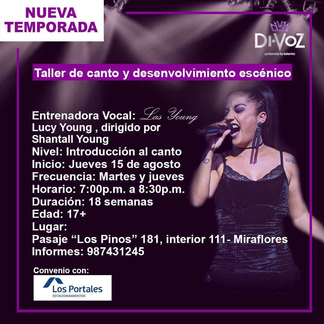 ClubDivoz's tweet photo. ¡TALLER PARA NO CANTANTES Y AFICIONADOS!💜 Desde este jueves 15 de agosto, Las Young se juntan por primera vez para dictar un taller de canto y desenvolvimiento escénico en #ClubDivoz 😱 Envíanos un WhatsApp al 987431245 o escríbenos al inbox para darte todos los detalles 💜 https://t.co/xFBYBeufAR
