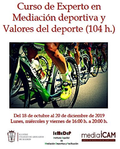 Curso de Experto en Mediación deportiva y Valores del deporte.  mediaICAM – Centro de Resolución de Conflictos
+Info: formacion.icam.es/web3/cache/P_C… 
Programa: formacion.icam.es/docs/CursosPre…
