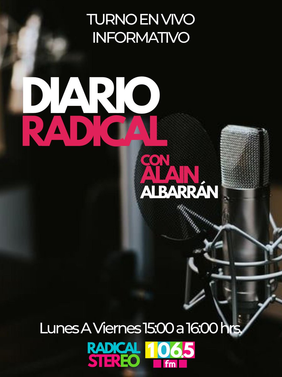 RadicalStereoFm's tweet photo. #TurnoEnVivoRadical l #Informativo 🗣📻
¡Ya al Aire! 📣 Acompaña a #AlainAlbarrán con las noticias de #Tlaxiaco y la #Mixteca para esta tarde de Martes en #DiarioRadical 📰 el espacio informativo del 106.5FM. #PonteRadicalStereo https://t.co/KyhOZvT1E7