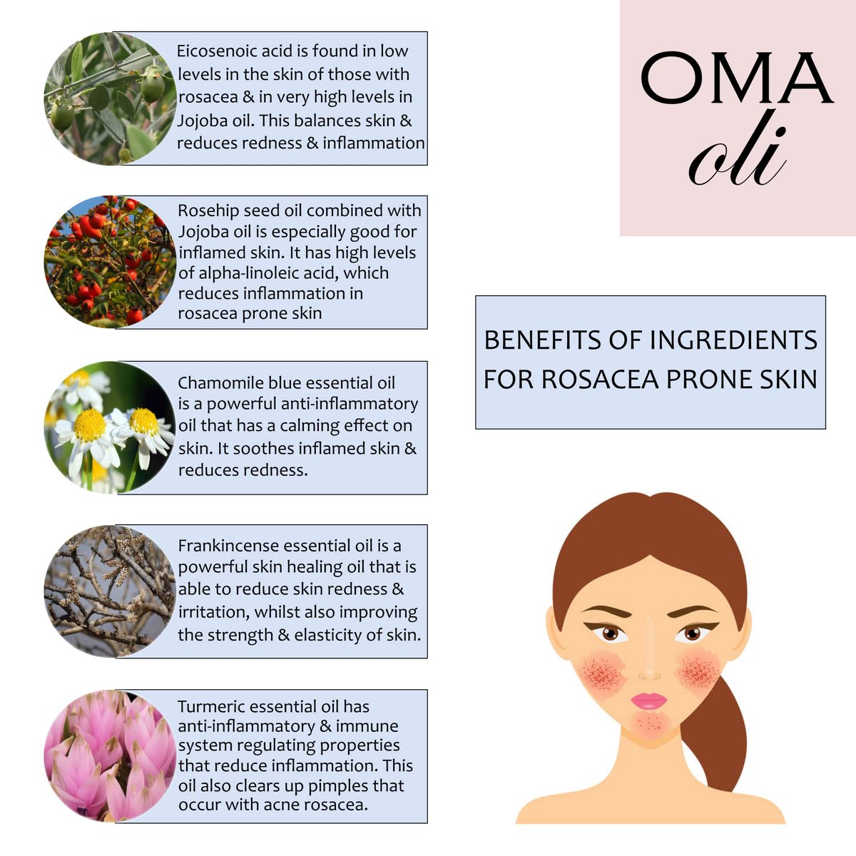 OMAoliUK's tweet photo. Do you have skin affected by ROSACEA?

Listed are the beneficial natural ingredients we use in #OMAoli Calming Face Oil &amp; how they help rosacea prone skin.

Find it at https://t.co/YtnIQvQ7MN or by searching OMAoli rosacea oil on amazon

#rosacea #skinredness #NaturalSkincare https://t.co/6ShgR2S3sc