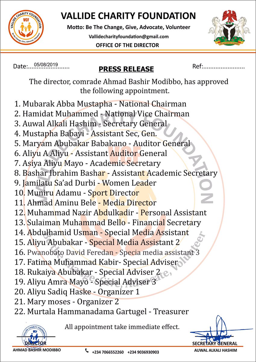 VallideF's tweet photo. The director of vallide charity foundation, Comrade Ahmad Bashir Modibbo ( Sardaunan Jilli ) has approved the following appointment.
Congratulations to you all 🙏 https://t.co/3DkzlYPLza