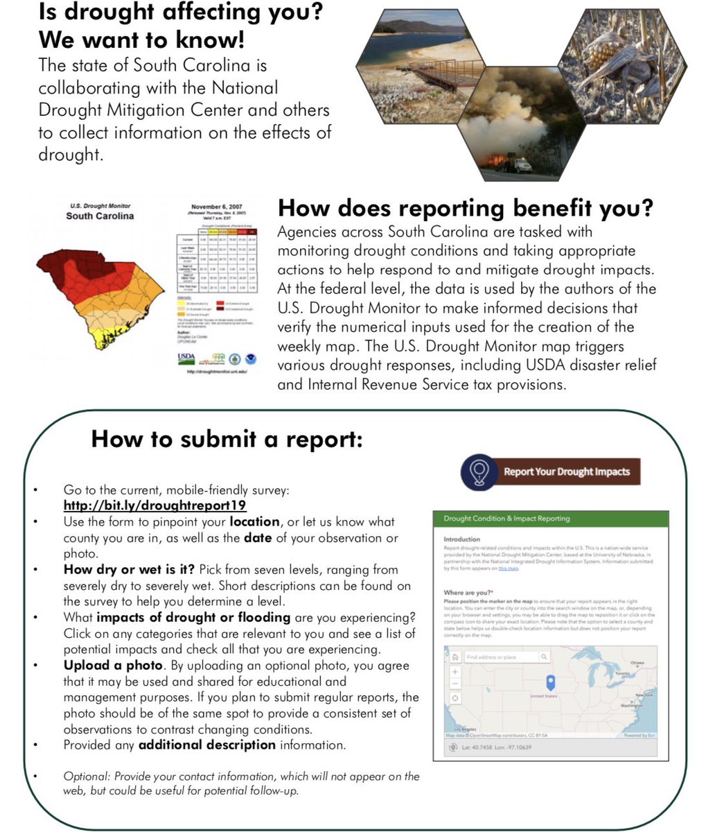 SCgreenindustry's tweet photo. Is drought affecting you? The state of South Carolina is collaborating with the National Mitigation Center and others to collect information on the effects of drought, and they want to hear from you! Check out the flyer for more information on submitting a report. #Drought 💦 https://t.co/6ksUBO0rXX