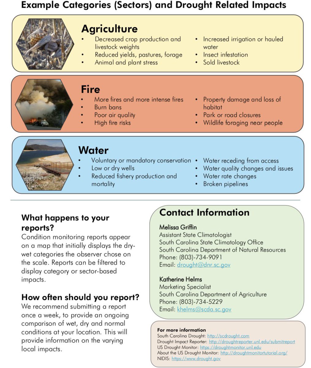 Is drought affecting you? The state of South Carolina is collaborating with the National Mitigation Center and others to collect information on the effects of drought, and they want to hear from you! Check out the flyer for more information on submitting a report. #Drought 💦