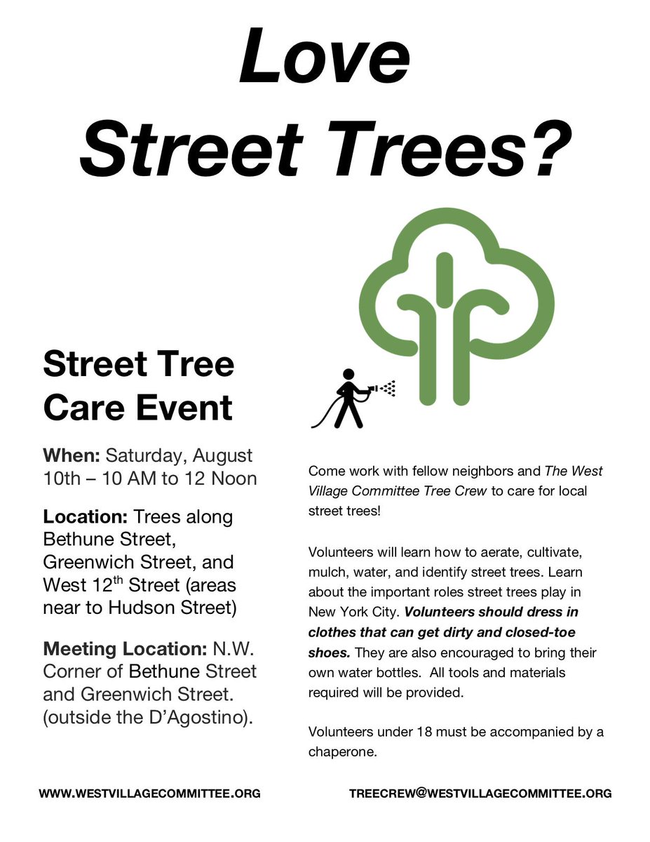 WestVillageOrg's tweet photo. Help the urban forest! 

Join the WVC Tree Crew this Saturday Aug 10th to care for street trees along Bethune St, Greenwich St, and West 12th St.

@PfPNYC @TreesNewYork @NYCParks @WVCTreeCrew
#TreeLC #community #CareCaptain #SuperSteward #WestVillage https://t.co/pUi10CeIxT