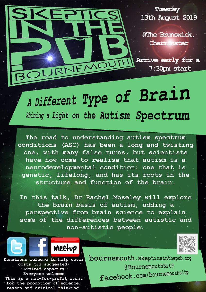 BournemouthSitP's tweet photo. 'A Different Kind of Brain: Shining a light on the autism spectrum' with Dr Rachel Moseley

Tues 13 August, 7.30pm at The Brunswick

All welcome #SitP #Bournemouth 
https://t.co/FIeyxovf93 https://t.co/L1scErlQj8