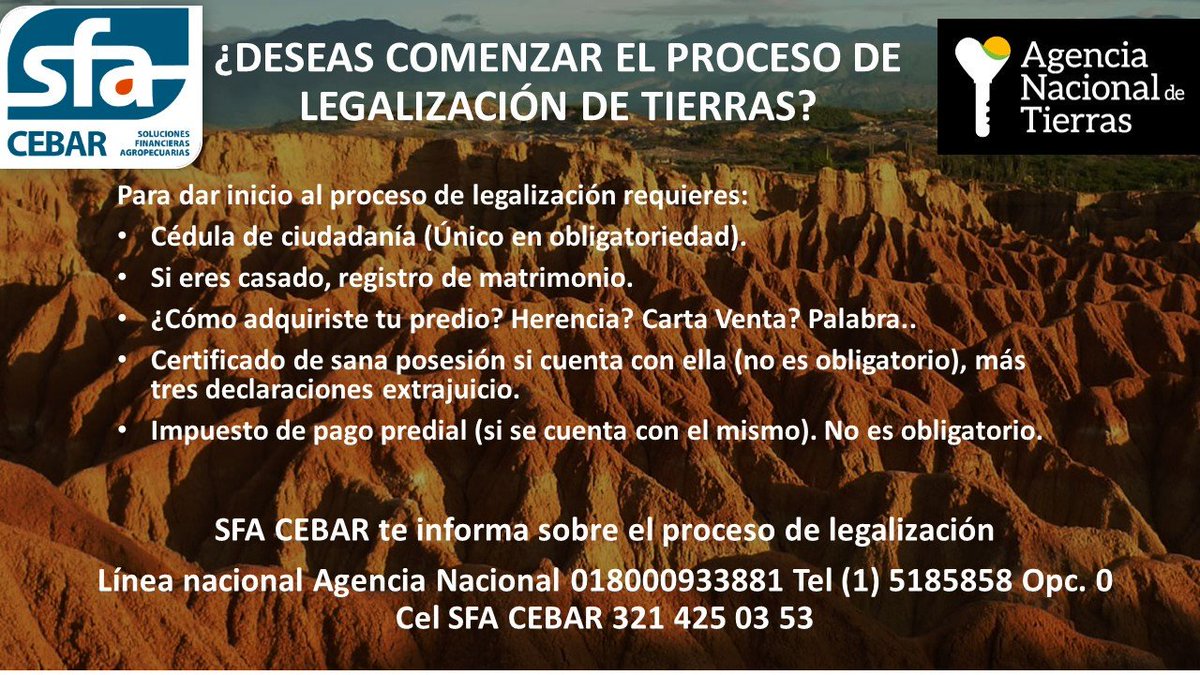 sfa_cebar's tweet photo. SFA CEBAR te permite recordar la importancia de la legalización de tu tierra, para la consecución de los respectivos alicientes que emite el gobierno nacional cada año. https://t.co/PzA9hKXrTI
