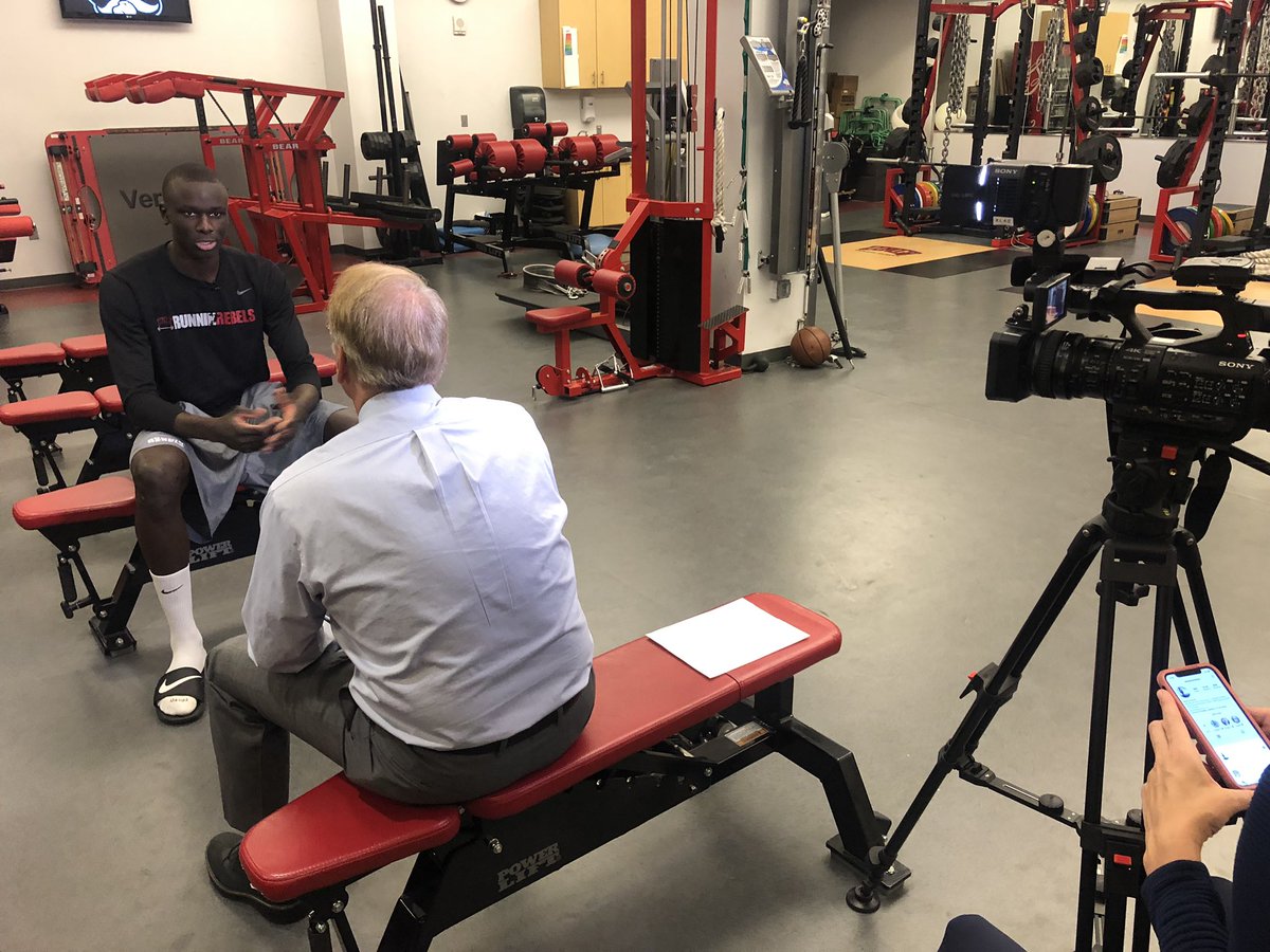 TheRunninRebels's tweet photo. While @usabasketball practices on the Mendenhall Center court, some of our guys were talking with @8NewsNow’s @sports8 &amp; @KevaneyMartin. Airs on channel 8 at 6p and 11p. #BEaREBEL #UNLVmbb https://t.co/ITtcYFrdX7