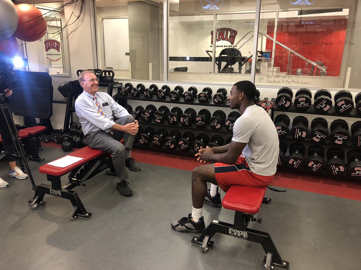 TheRunninRebels's tweet photo. While @usabasketball practices on the Mendenhall Center court, some of our guys were talking with @8NewsNow’s @sports8 &amp; @KevaneyMartin. Airs on channel 8 at 6p and 11p. #BEaREBEL #UNLVmbb https://t.co/ITtcYFrdX7